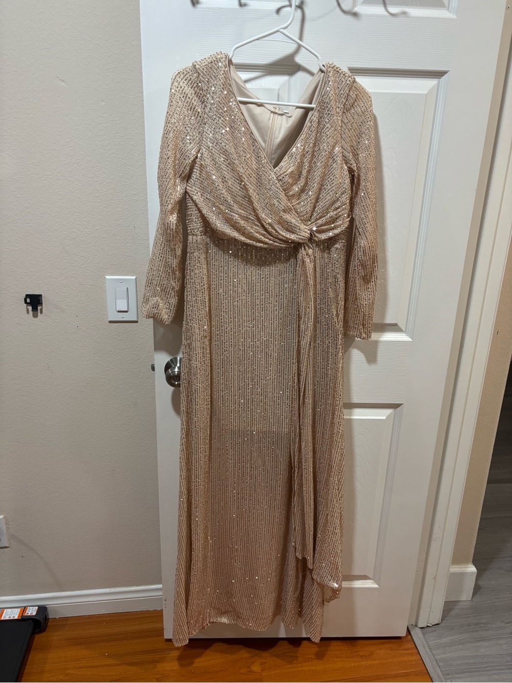 Long Sequin Wrap Gown in Champagne Gold